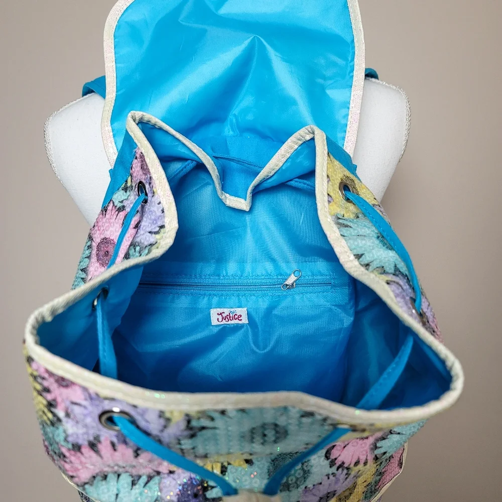 Justice Colorful Daisy Pattern Sequin Backpack -Brand New